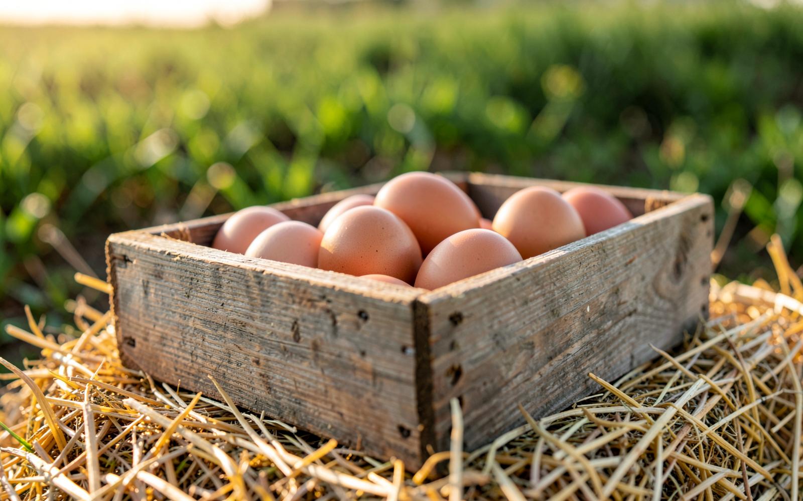 Huevos frescos en una caja de madera sobre paja